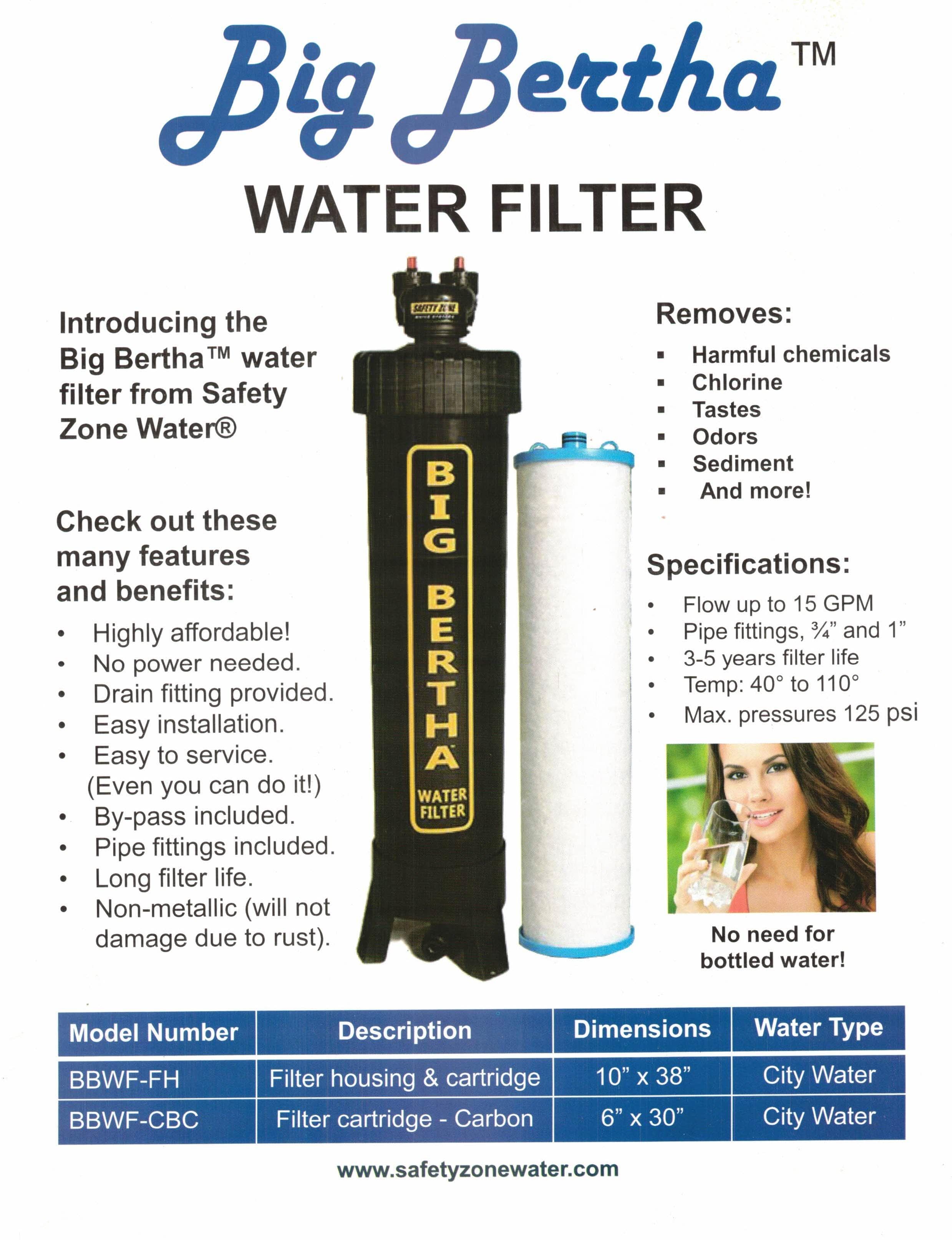 Big Bertha whole-home water filter product flyer from Safety Zone Water
